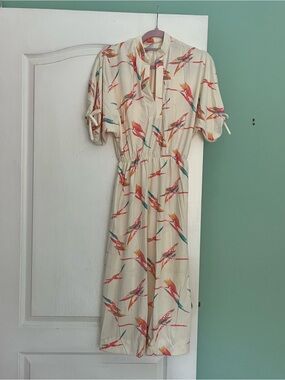 Vintage Cream Floral Print Short-Sleeve Midi Dress